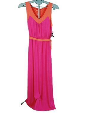 Mix & Co. Belted Maxi Dress Women's Large Pink Orange V-Neck Sleeveless Jersey